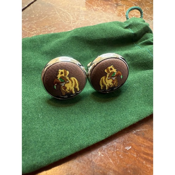 Bird Dog Bay Men's Silk Tie & Cufflinks Set Dog Print Brown Green with Box - Picture 2 of 3